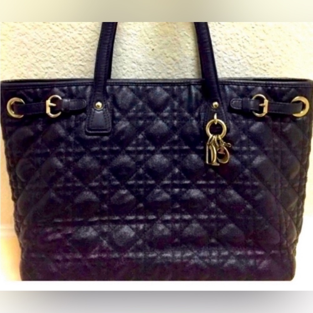 Authentic Black Christian Dior
 Quilted Leather Tote with Gold Charm Accents